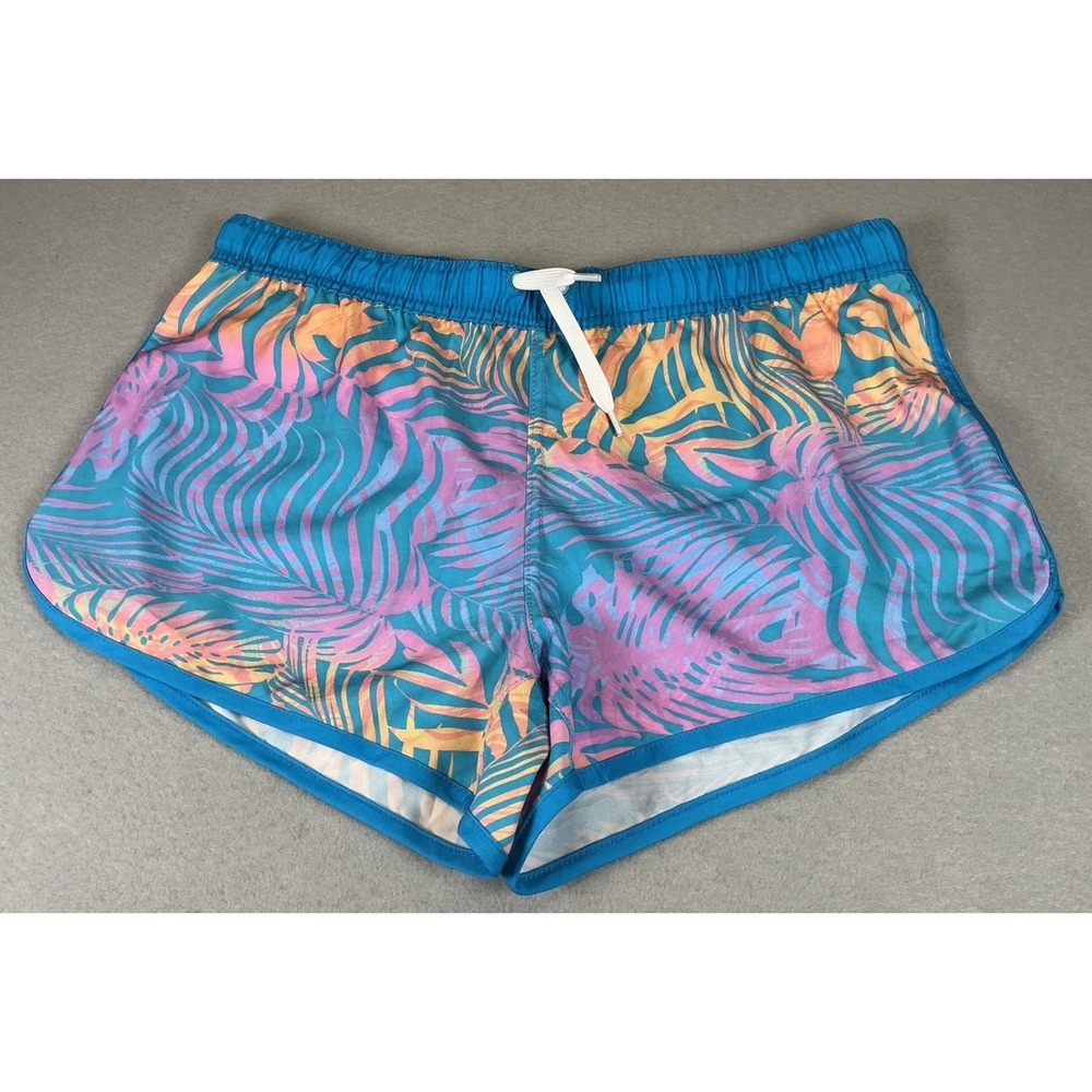 Suzzi Activewear Swim Shorts Women XL Teal Tropical Palm Print 4 Way Stretch NWT